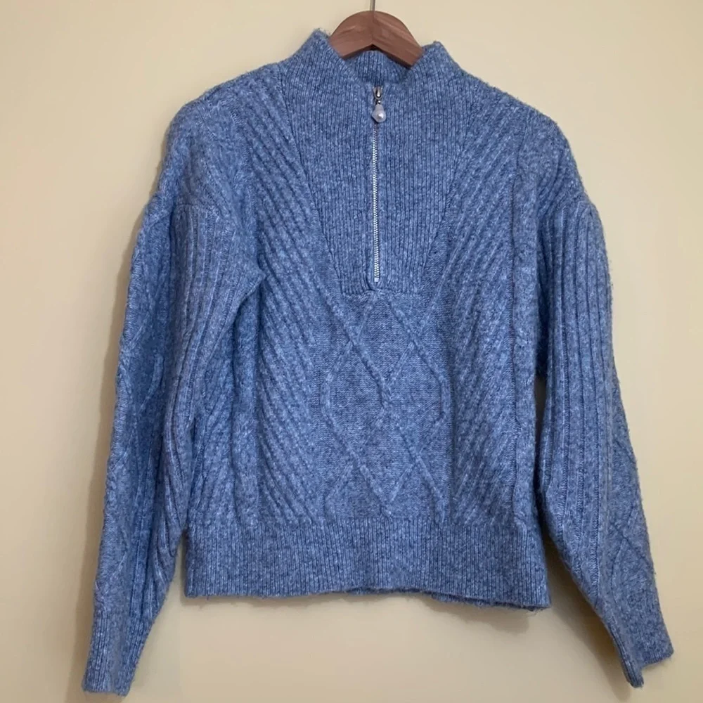 Broadway 38 | Blue Peppered Cable Knit Balloon Sleeve 1/4 Zip Pullover Sweater S
